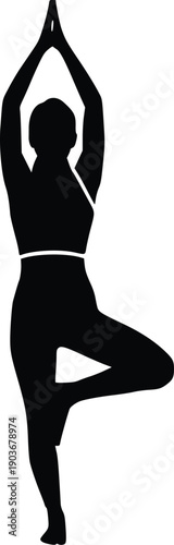 Woman in tree Pose Silhouette, Calm Mindfulness  Wellness Vector Illustration