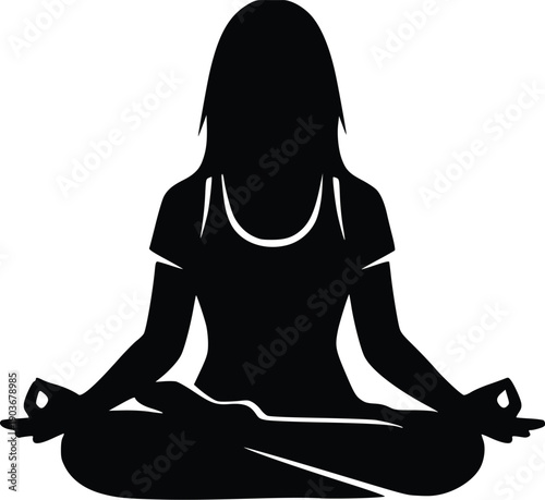 Woman Meditation Yoga Pose Silhouette, Calm Mindfulness Lotus Position Wellness Vector Illustration