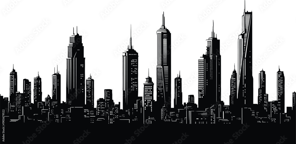 Obraz premium Black and white city skyline with skyscrapers cityscape city, cityscape, skyline, skyscrapers, buildings, urban, architecture, black and white, cityscape urban landscape, city skyline, towers, windows