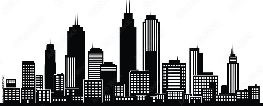 Obraz premium Black and white city skyline with tall buildings and skyscrapers city, cityscape, skyline, buildings, skyscrap, black, white, urban, architecture, architecture silhouette, cityscape city urban landsca