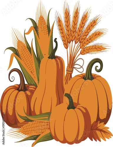 Vibrant pumpkins and wheat stalks in autumn harvest