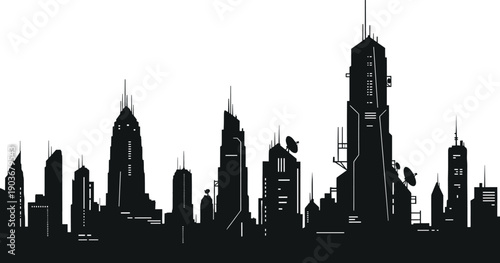 Black and white city skyline with skyscrapers city, skyline, skyscrapers, black, white, urban, architecture, buildings, silhouette, modern, metropolitan, landscape, cityscape, tall buildings, antennas