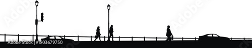 Black silhouette of people walking on a bridge with streetlights and cars silhouette, black, white background, bridge, people walking, streetlights, cars, fence, urban, city, commute, daily life, tran