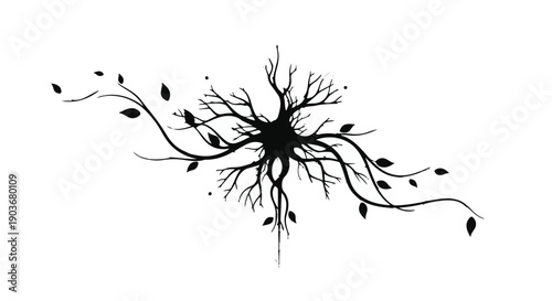 Tree roots spread outwards in a symmetrical design with small falling leaves.