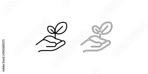 Eco friendly sustainability icon showing human hand holding growing plant sprout representing environmental protection green investment and organic growth