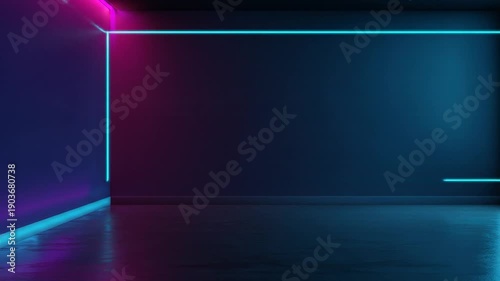 Abstract geometric interior with neon lines and reflective floor