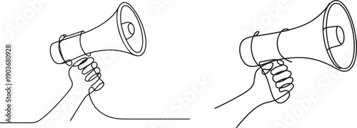 Set continuous one line drawing of hands holding megaphone.one line icon with with white background