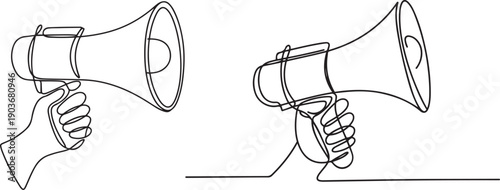 Set continuous one line drawing of hands holding megaphone.one line icon with with white background