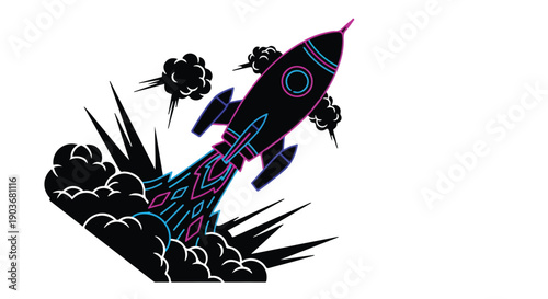 Rocket ship launches into deep space leaving a trail of thick dark smoke behind.