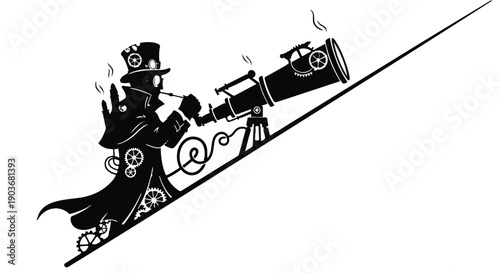 Steampunk astronomer observes celestial bodies through a vintage brass telescope.