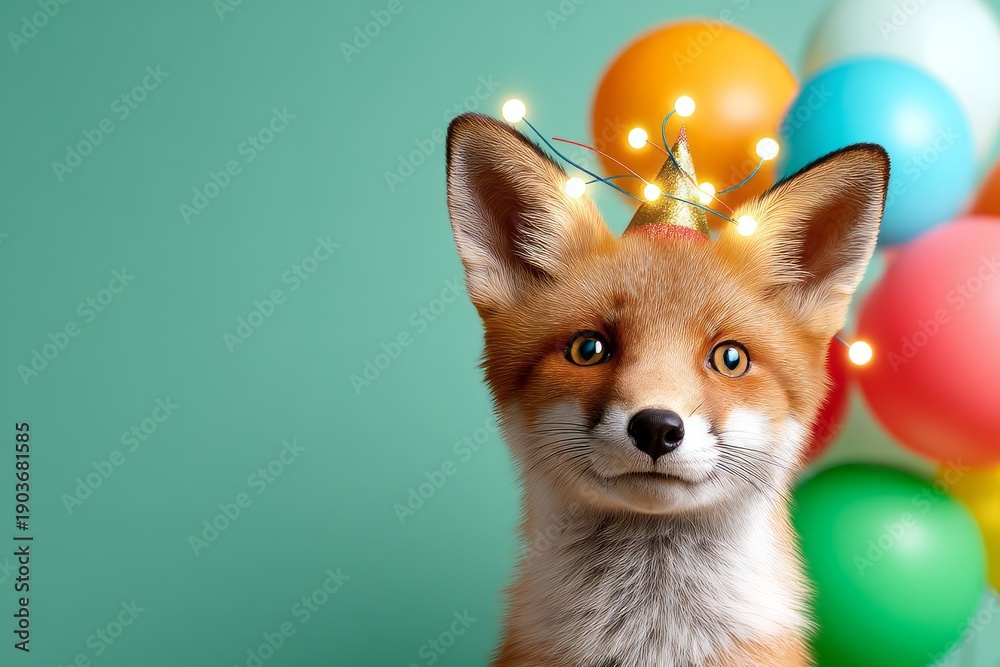 Fototapeta premium Charming Little Fox with Crown Surrounded by Colorful Balloons and Lights