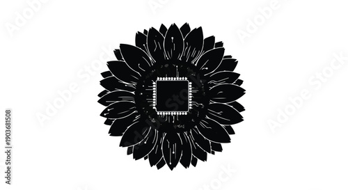 Sunflower with a central circuit board chip illustrates the concept of agricultural tech.