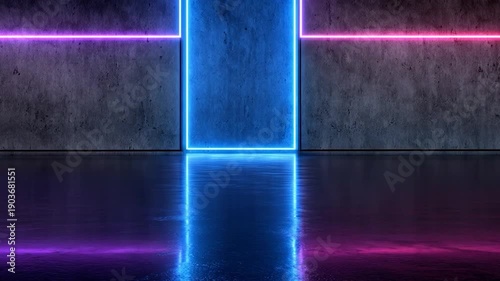 Abstract neon lights frame on dark concrete wall reflections