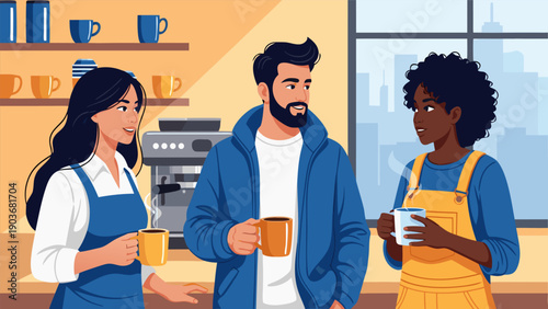 People chatting over coffee in a modern cafe, viewed from the side, in a vector illustration of a relaxed atmosphere