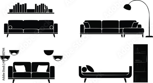  showcases four black-and-white vector illustrations of furniture, each designed in a simple and stylized manner.