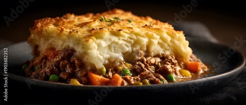 Silky strand of lamb vegetable dance tender potato beneath velvety crust of Eurasian Singaporean inspired Shepherd's Pie clean professional stock photo sharp macro photography style cinematic realism