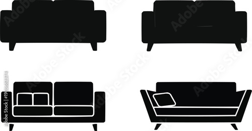  showcases a collection of four black sofa illustrations, each distinct in style and design, set against a clean white background