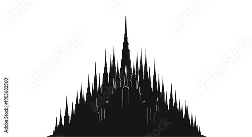 Castle silhouette rises with sharp spires against a clean white background.