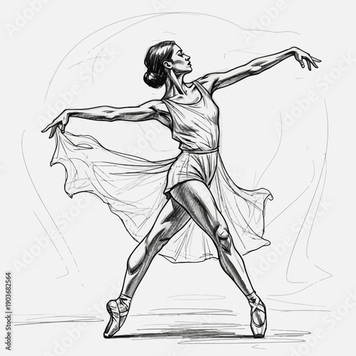 Elegant ballerina in pointe shoes performing a graceful pose, sketch art