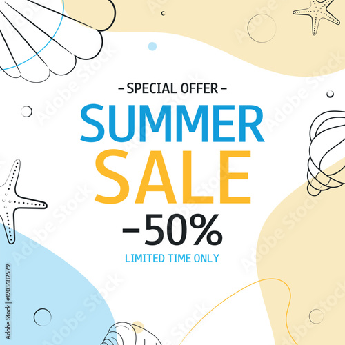 Summer Sale square background with seashells and text. Special Offer. Limited time only, up to 50%. Template for design, banner, flyer, poster.