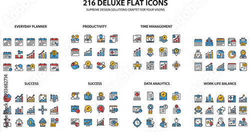Business productivity and data analytics flat icons set featuring time management, success metrics, planning tools, work life balance, and modern corporate dashboard interface elements