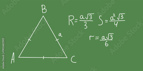 Handwritten equilateral triangle formulas with area and circle radii on green board
