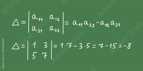 Handwritten matrix determinant formula and example on green board for math education
