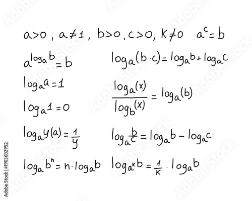 Фотография Handwritten logarithm formulas and rules on white background for math education