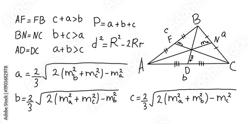 Handwritten triangle geometry formulas with medians and centroid for math education