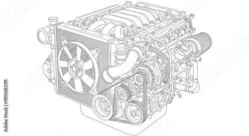 Detailed Automotive Engine Internal Components Cutaway Technical Sketch Vector Illustration for Mechanical Engineering and Vehicle Design Projects
