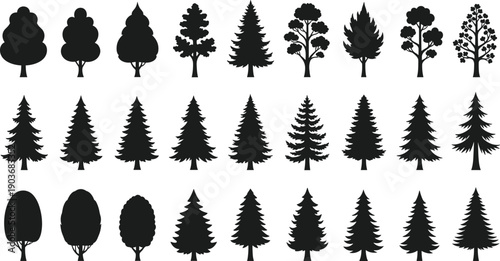 WebVector illustration of diverse tree silhouettes in multiple styles and species, natural forest design concept for landscape, environment, ecology, outdoor scenery, decorative artwork 