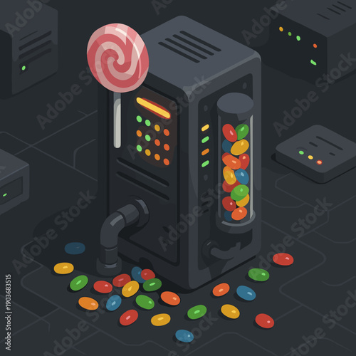 Candy dispenser machine with colorful candies and a lollipop in a dark setting