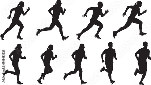 Black silhouettes of people running in various poses exercise fitness