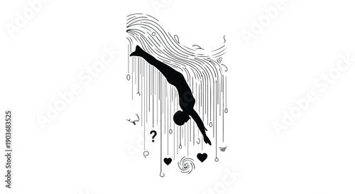 Swimmer silhouette dives into a sea of abstract symbols and flowing lines.