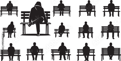 Black silhouettes of people sitting on benches in various positions against white background