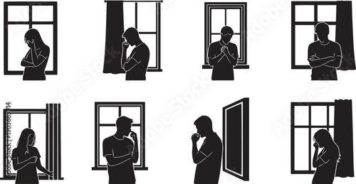 Black silhouettes of people standing or sitting by windows with curtains