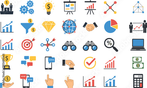 Business analytics and marketing flat icons set featuring growth charts, finance symbols, strategy tools, data analysis, communication elements, and modern dashboard interface design
