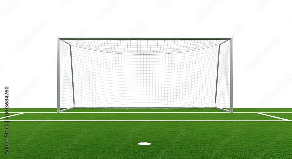 Fototapeta premium A well-maintained soccer goal on a lush green field under clear skies.