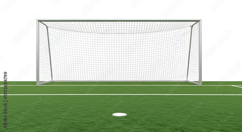 Fototapeta premium A soccer goal with a ball in front of it on a green field.