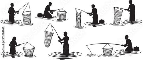Silhouettes of people fishing with nets in water