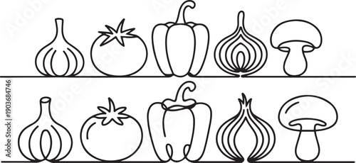 Vegetables one line set. Continuous line drawing of garlic, tomato, bell pepper, onion, mushroom.one line icon illustration with white background