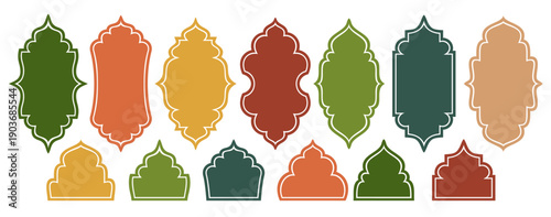 Islamic Arabic frame set. Moroccan arch collection. Ethnic Middle East style ornate geometric border. Colorful vector illustration of ornamental shapes for oriental design.