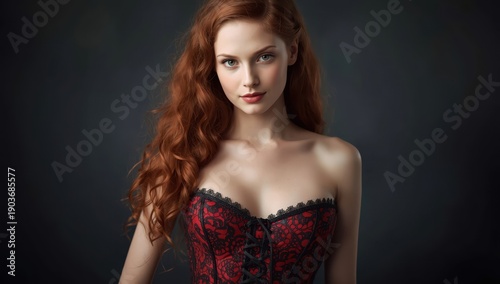 Attractive slim redhead in a red and black corset