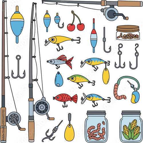 Hand drawn fishing equipment collection with rods reels colorful lures hooks bobbers and bait jars for outdoor recreation