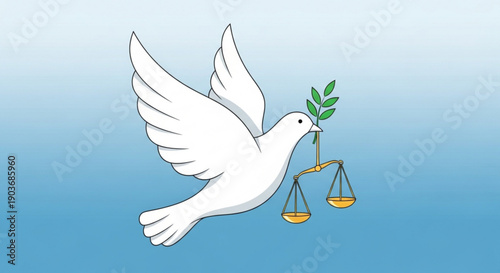 Peace symbol white dove holding olive branch and scales on blue background representing justice and harmony