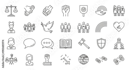 Collection of social business law and communication icons including scales handshake people heart book and shield symbolizing concepts and concepts
