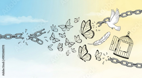 Butterflies and bird flying free from broken chains and cage against gradient background