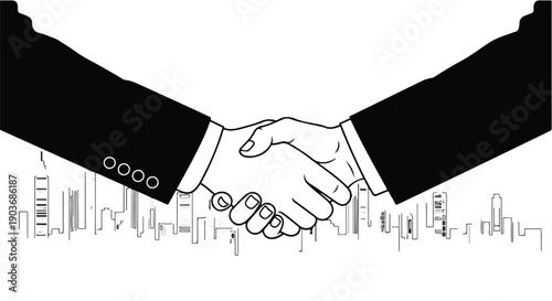Businessmen shake hands to finalize a professional agreement in the city center.
