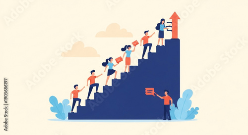 Teamwork and motivation concept with people climbing a staircase upwards reaching goals and success