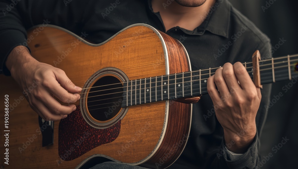 Obraz premium Close-up of a musician with a wooden guitar